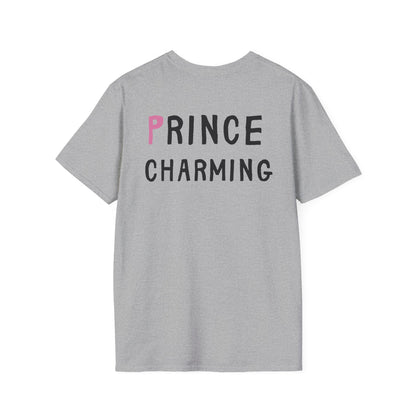 Gray t-shirt with 'PRINCE CHARMING' text on the back, pink letter 'P'.