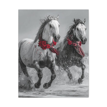 Crimson Tide Run-Running Horse Wall Art Print, Horse Pair Canvas, Floral Beach Horse Decor, Black and White Western Artwork