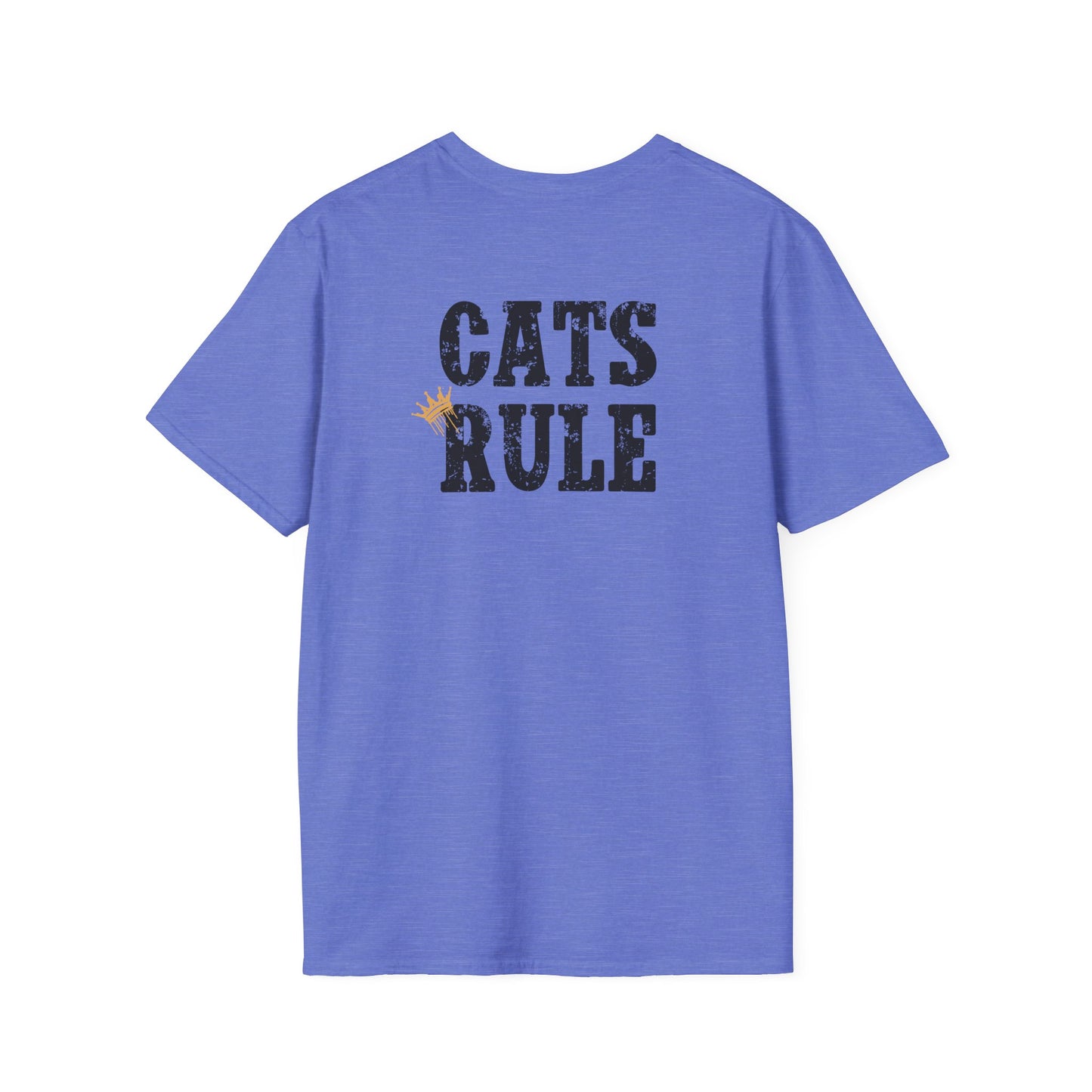 Blue t-shirt with 'Cats Rule' text on the back against a white background