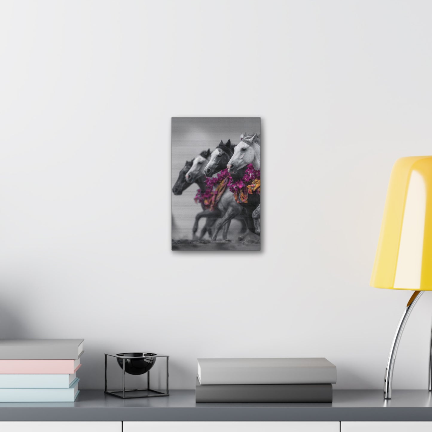 Fuchsia Fury-Running Horse Wall Art Print, Boho Floral Horse Herd Canvas, Pink Wild Horse Decor, Western Artwork