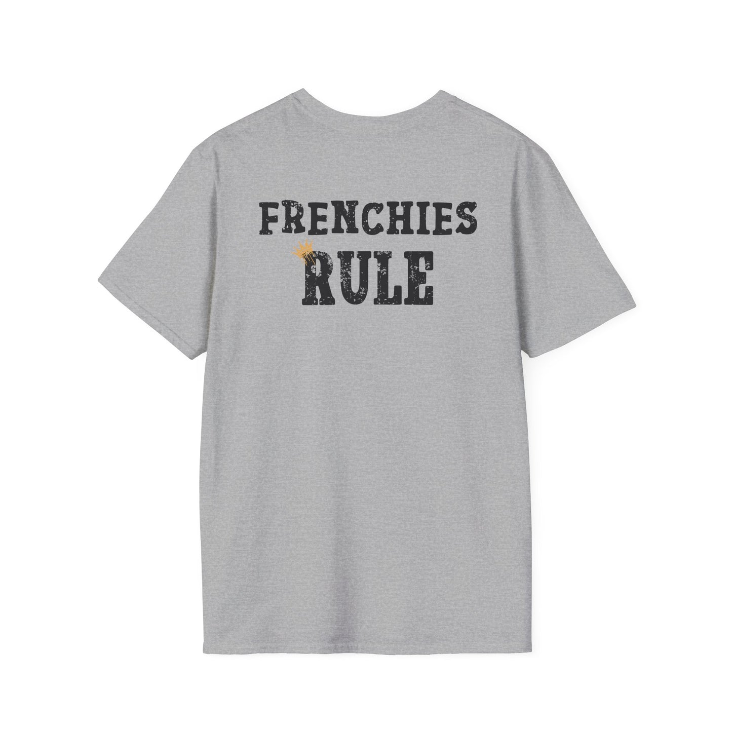 Gray t-shirt with 'FRENCHIES RULE' text on the back against a white background