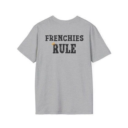 Gray t-shirt with 'FRENCHIES RULE' text on the back against a white background