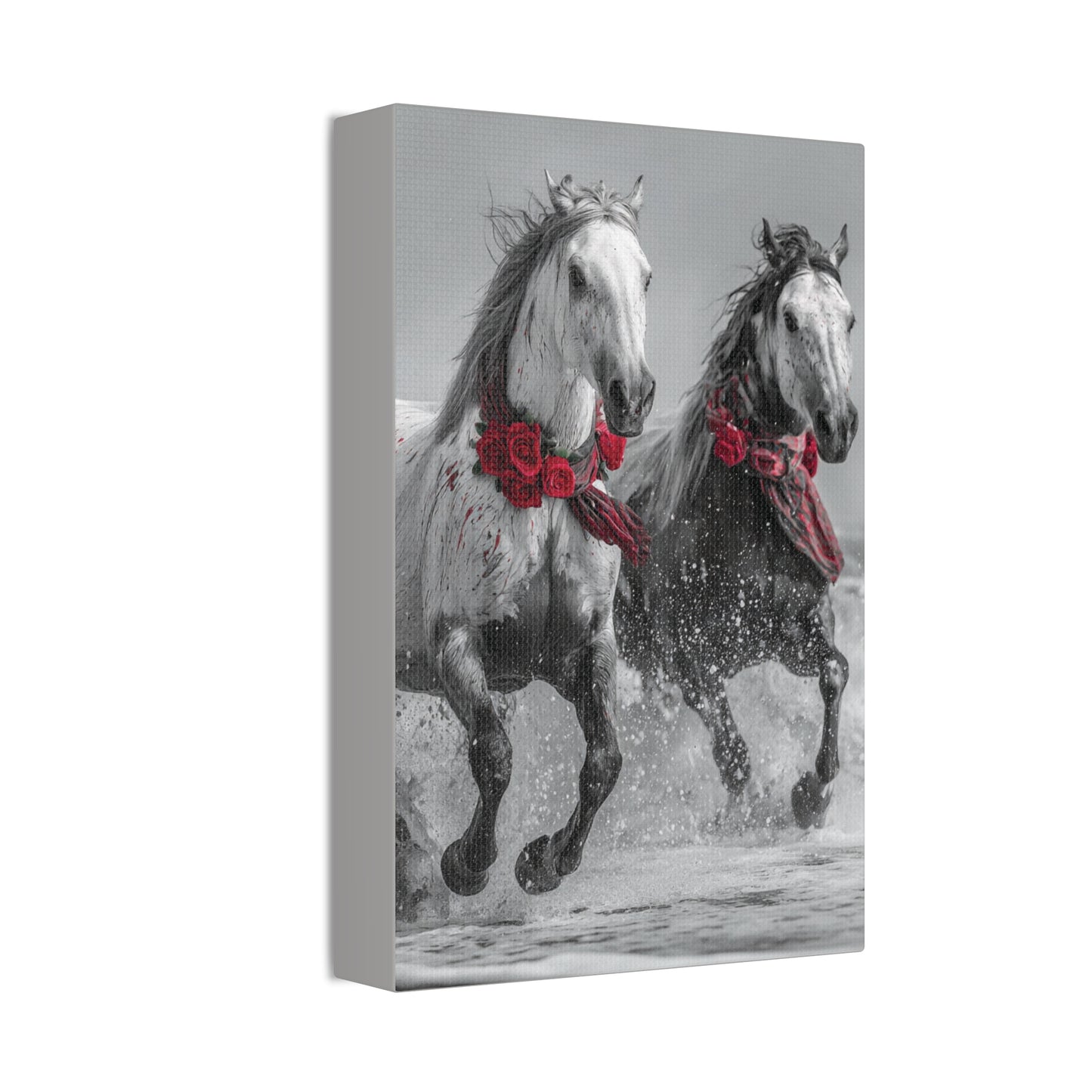 Crimson Tide Run-Running Horse Wall Art Print, Horse Pair Canvas, Floral Beach Horse Decor, Black and White Western Artwork