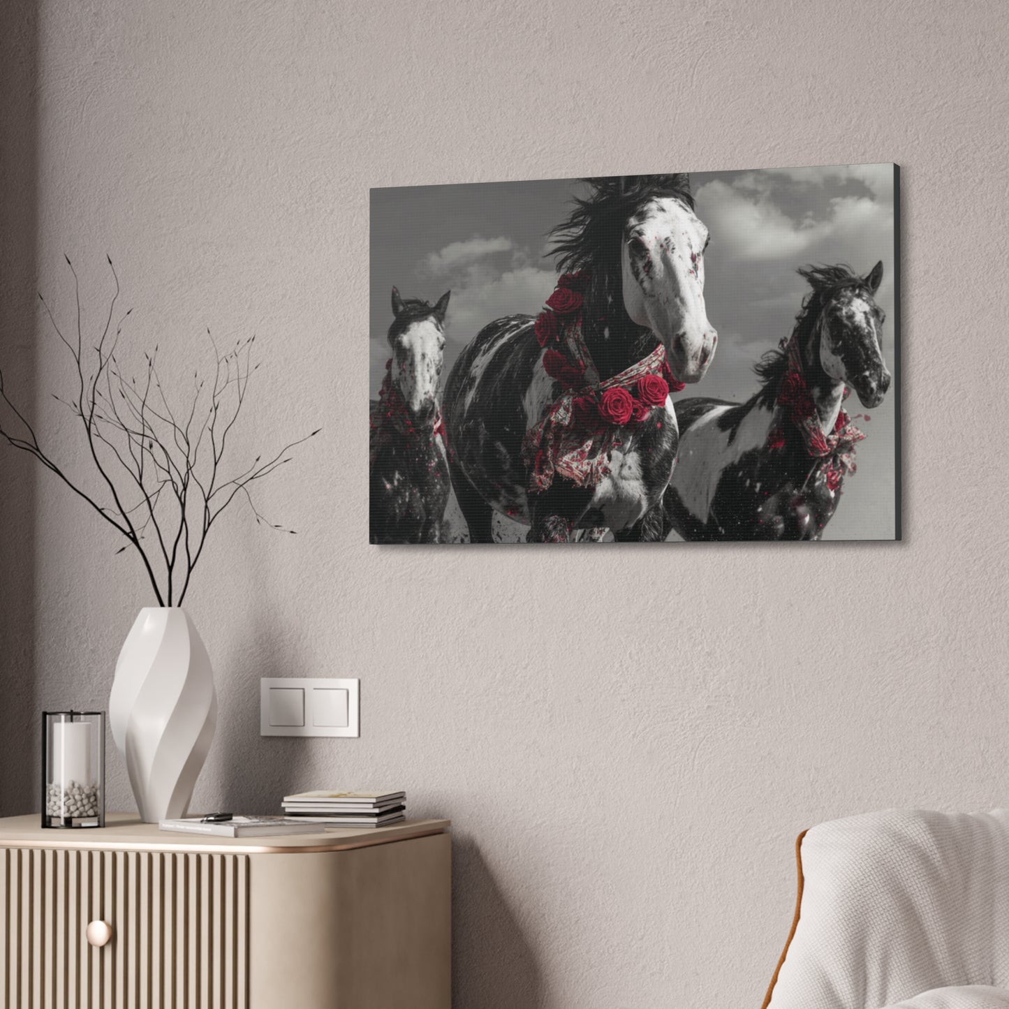 Crimson Stampede-Boho Running Horse Wall Art Print, Floral Horse Trio Canvas, Black and White Western Horse Decor