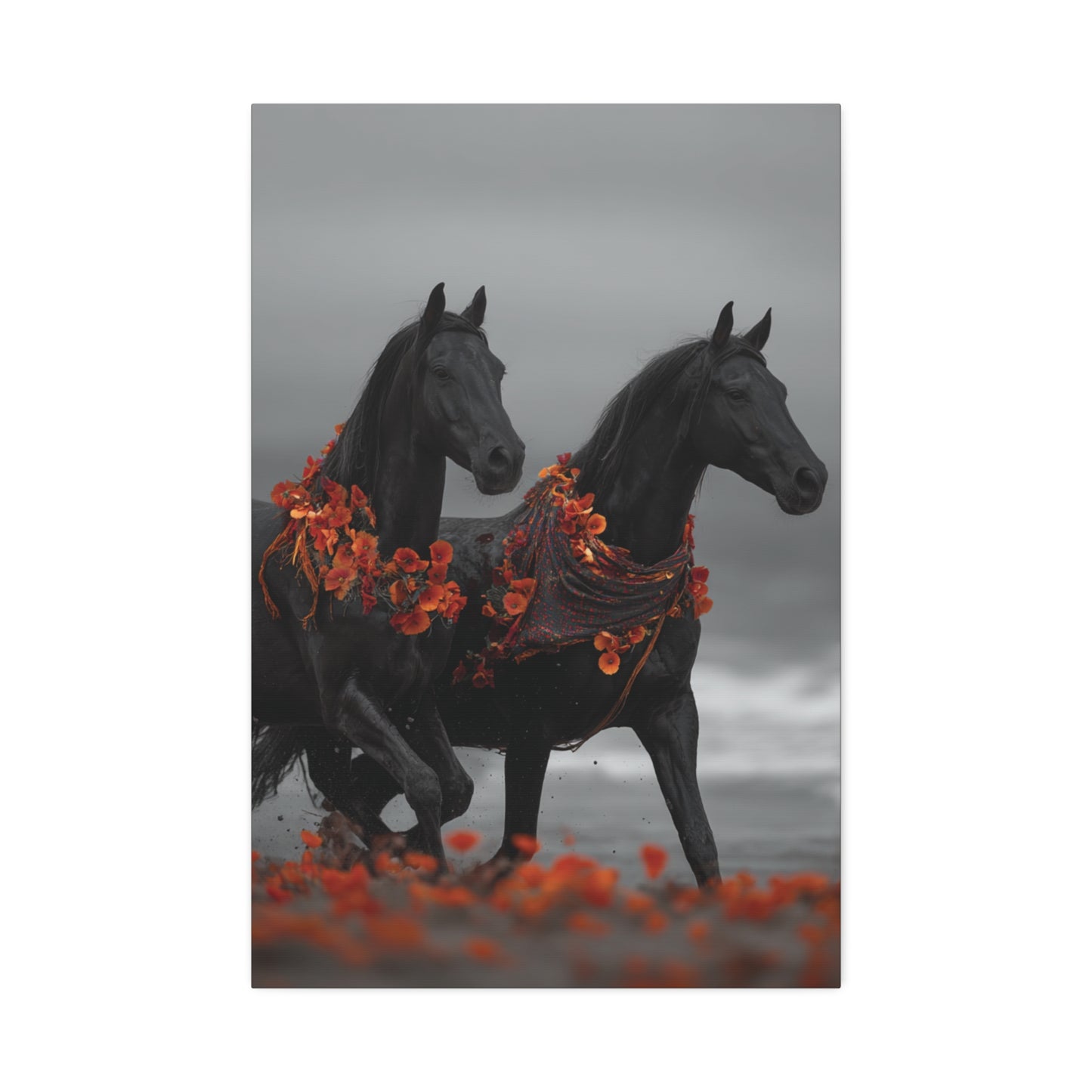 Autumn Noir-Black Horse Wall Art Print, Running Horse Pair Canvas, Floral Boho Horse Decor, Western Animal Artwork