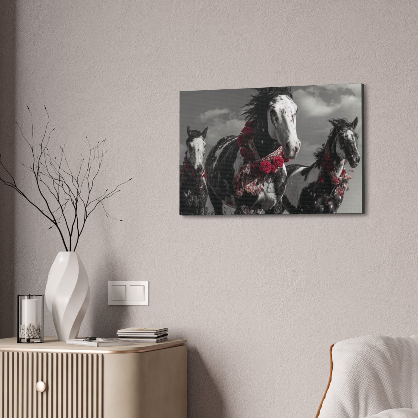 Crimson Stampede-Boho Running Horse Wall Art Print, Floral Horse Trio Canvas, Black and White Western Horse Decor