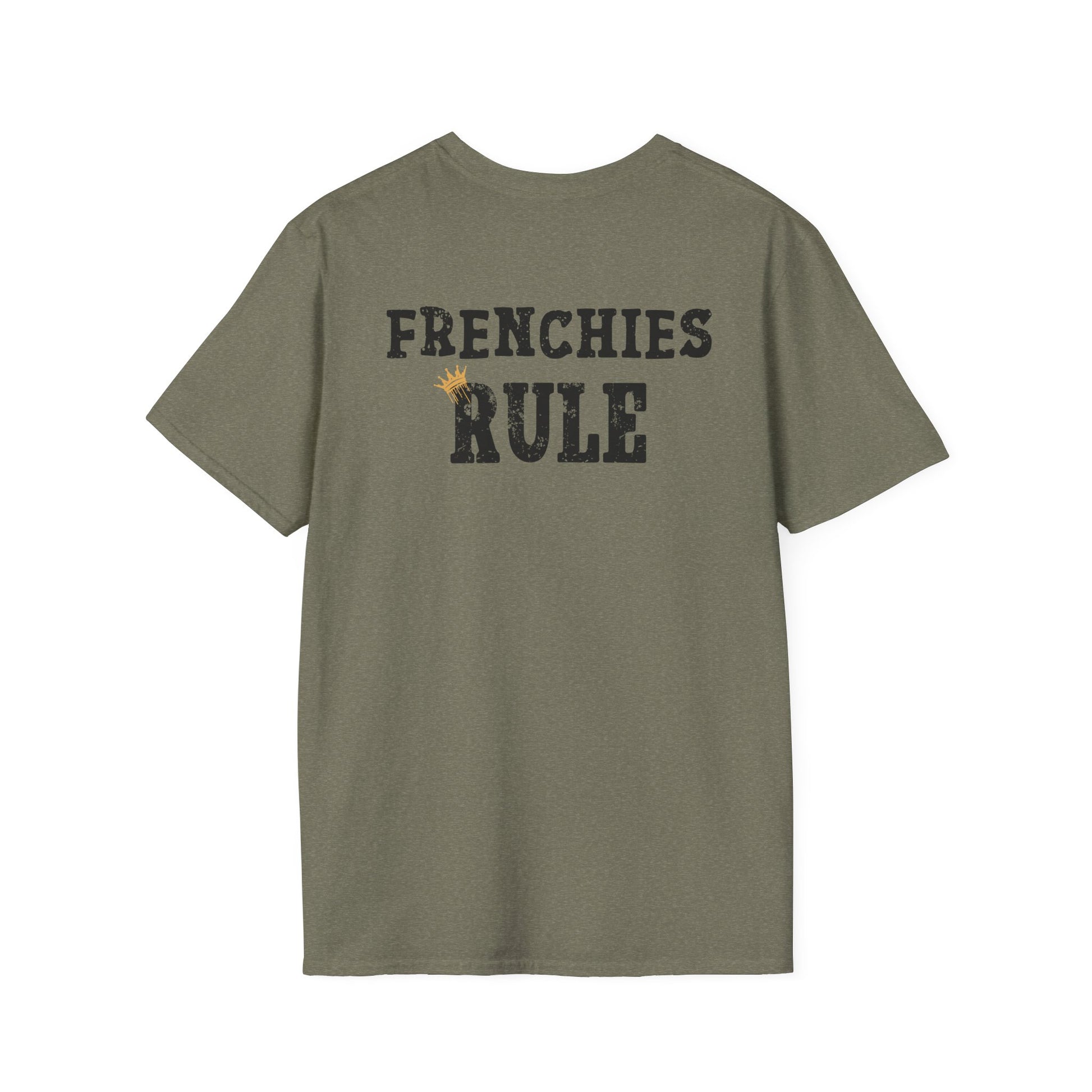 Green t-shirt with 'FRENCHIES RULE' text on the back against a white background
