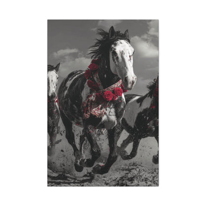Crimson Stampede-Boho Running Horse Wall Art Print, Floral Horse Trio Canvas, Black and White Western Horse Decor