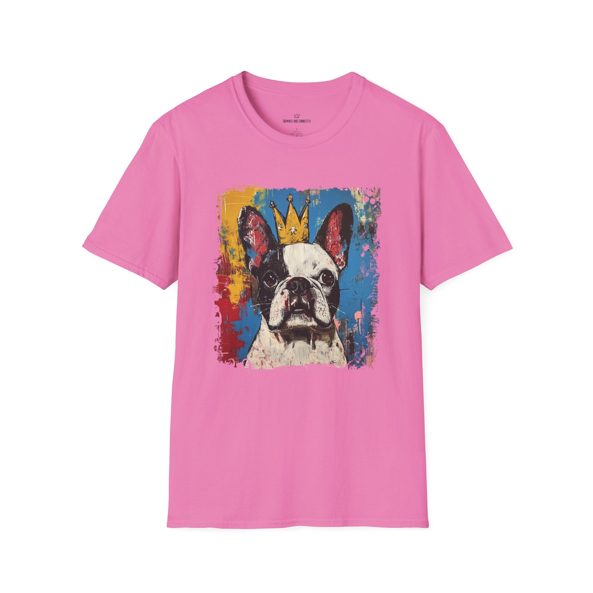 Pink t-shirt with a colorful  French Bulldog graphic on a white background