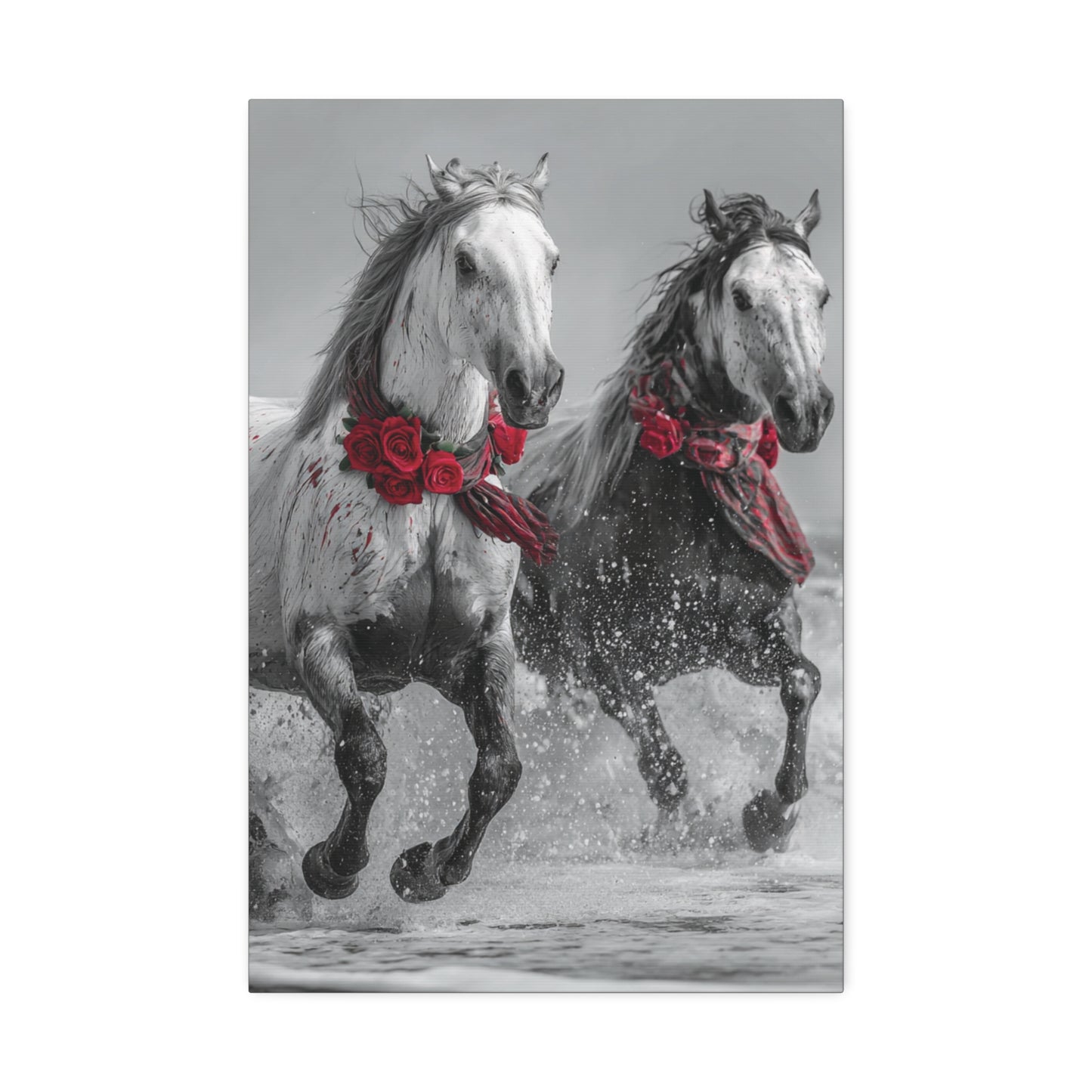Crimson Tide Run-Running Horse Wall Art Print, Horse Pair Canvas, Floral Beach Horse Decor, Black and White Western Artwork