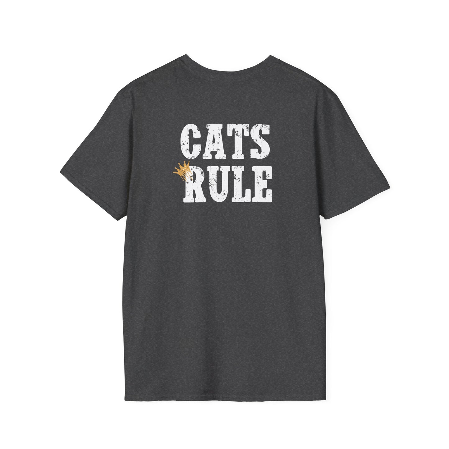 Black t-shirt with 'CATS RULE' text on a white background
