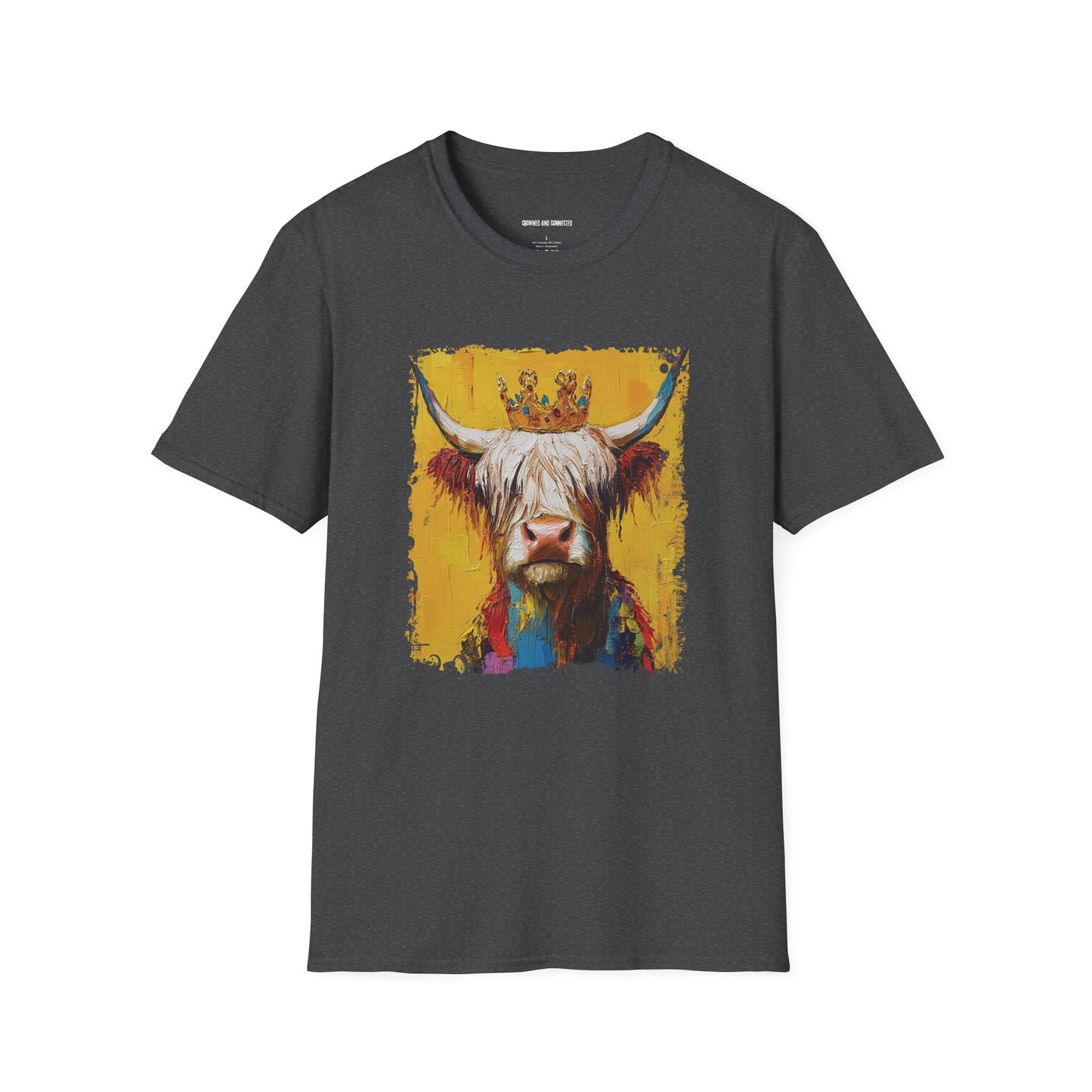 Dark gray t-shirt with a colorful Highland cow graphic on a white background