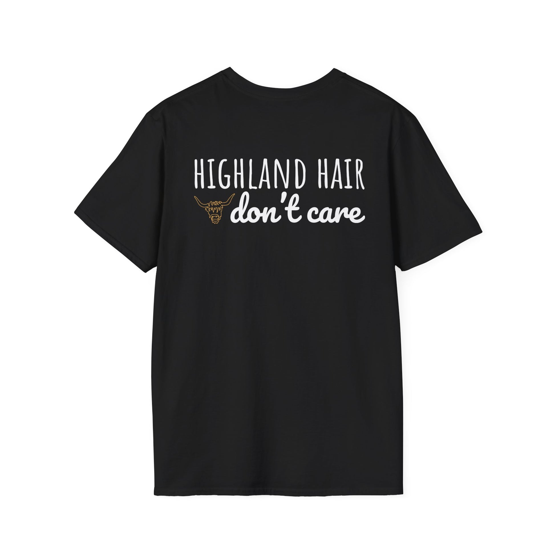 Black t-shirt with 'Highland Hair don't care' text on a white background