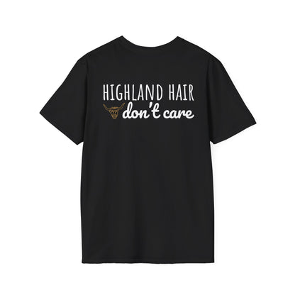 Black t-shirt with 'Highland Hair don't care' text on a white background