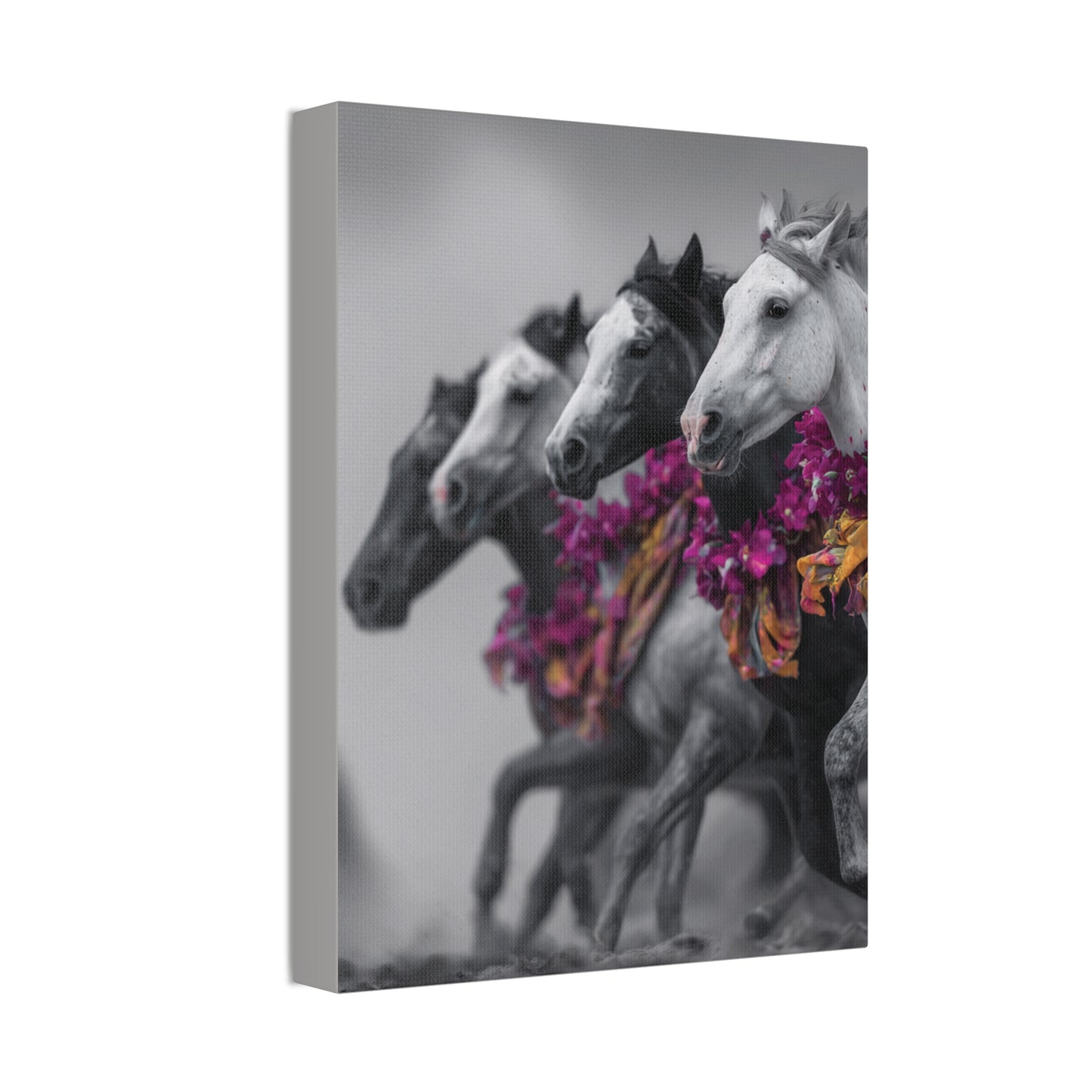 Fuchsia Fury-Running Horse Wall Art Print, Boho Floral Horse Herd Canvas, Pink Wild Horse Decor, Western Artwork