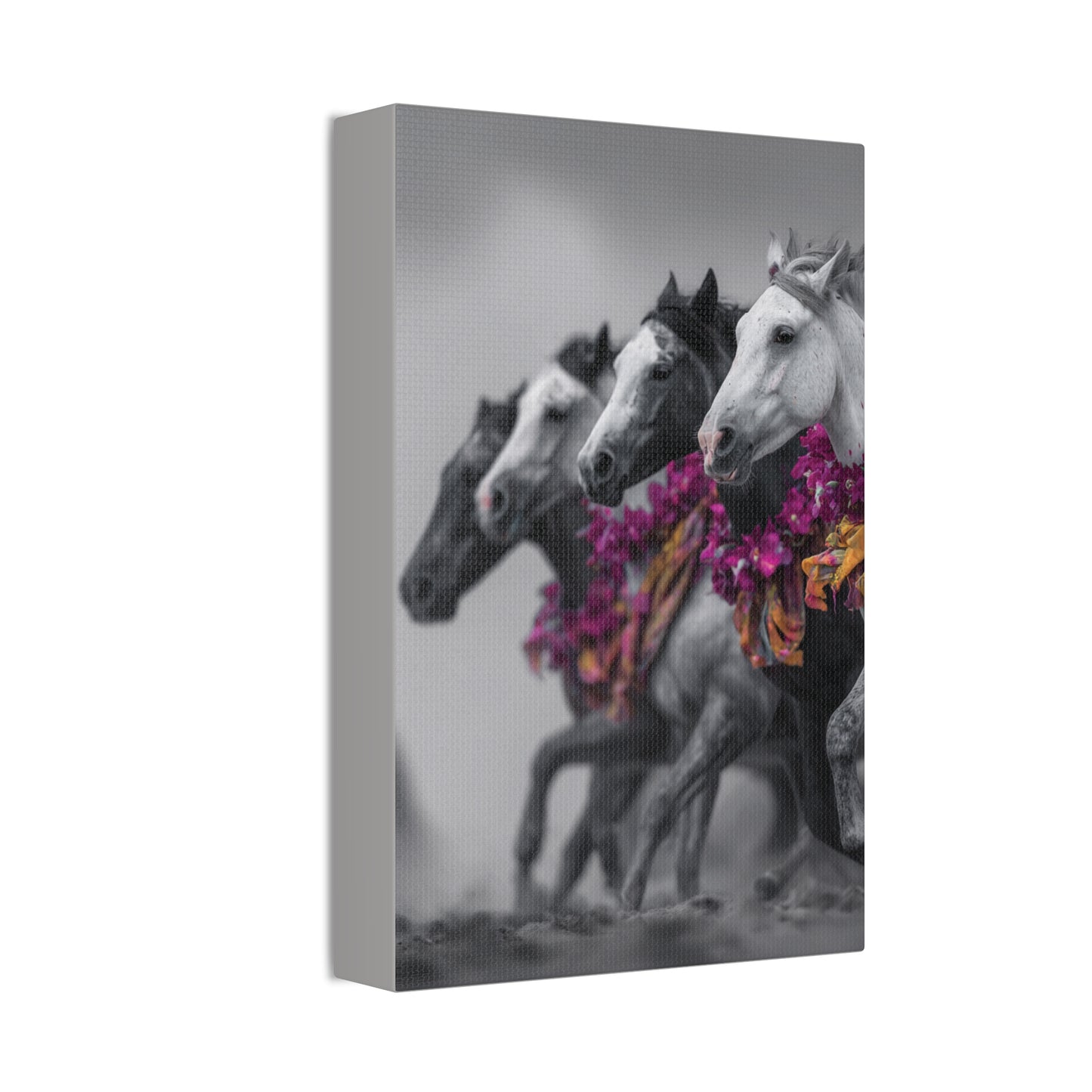 Fuchsia Fury-Running Horse Wall Art Print, Boho Floral Horse Herd Canvas, Pink Wild Horse Decor, Western Artwork