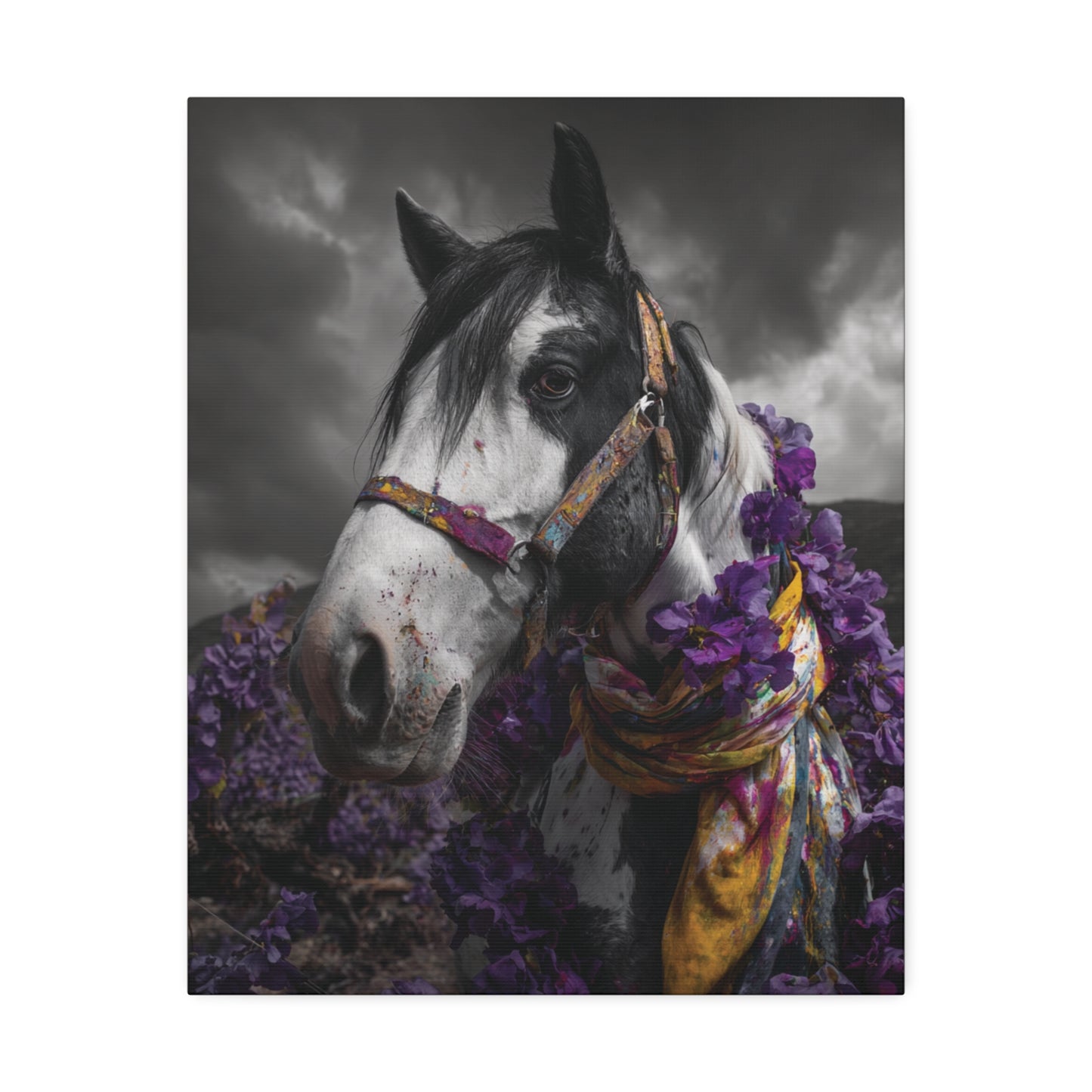 Purple Reign – Black and White Wild Horse Canvas Art with Purple Accents