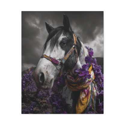 Purple Reign – Black and White Wild Horse Canvas Art with Purple Accents