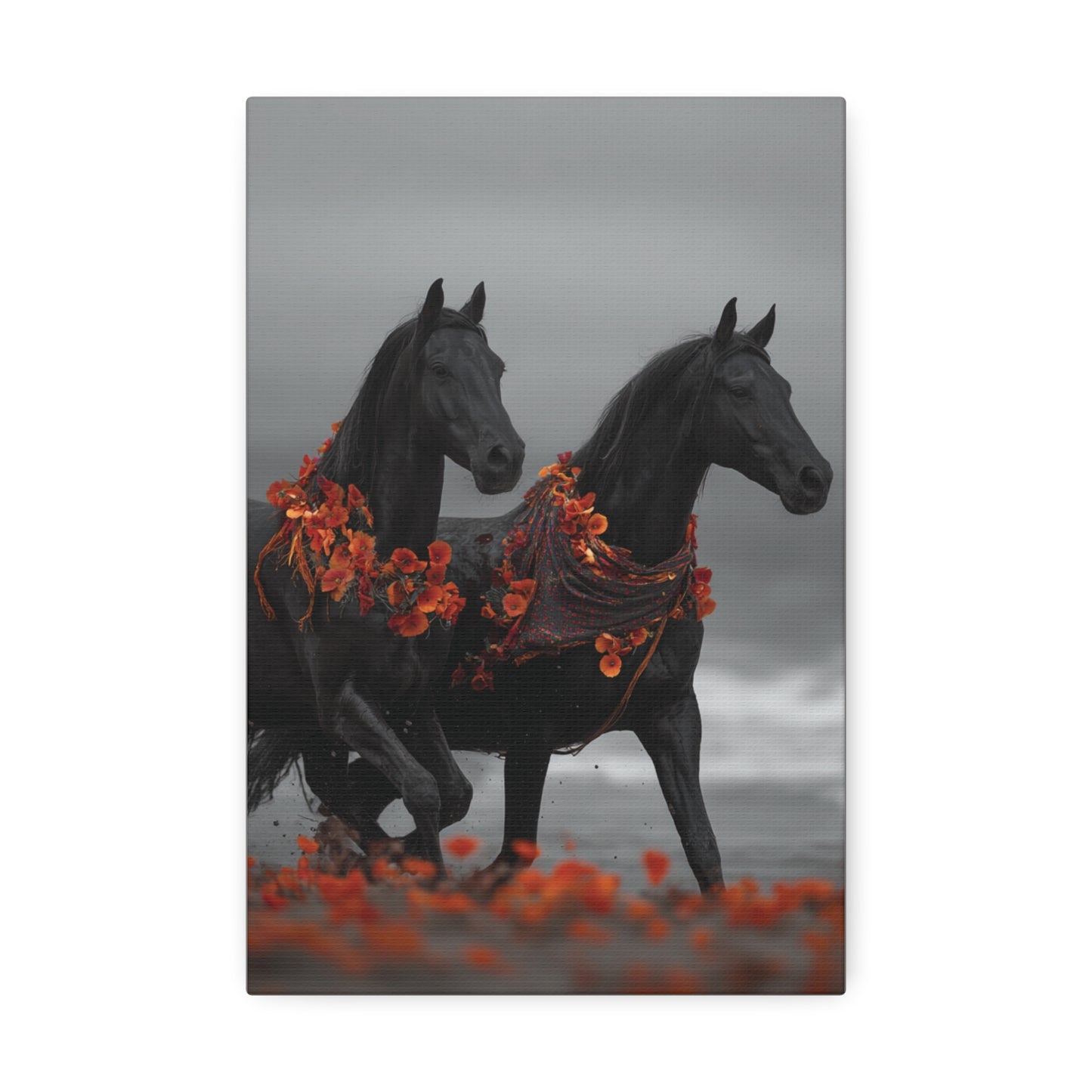 Autumn Noir-Black Horse Wall Art Print, Running Horse Pair Canvas, Floral Boho Horse Decor, Western Animal Artwork