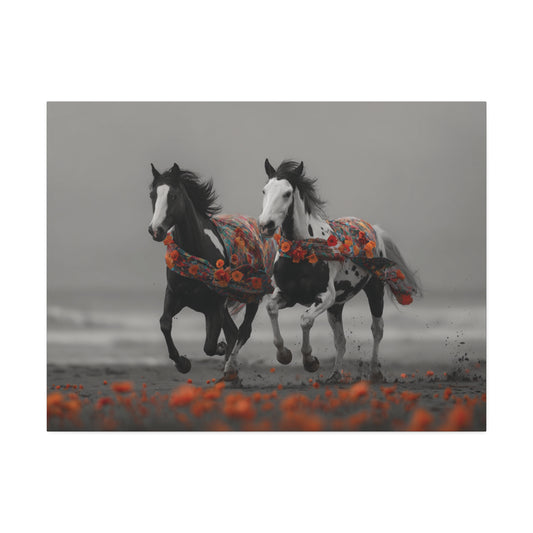 Wild Harmony-Boho Horse Wall Art Print, Running Horse Pair Canvas, Floral Western Horse Decor, Black and White Horse Artwork