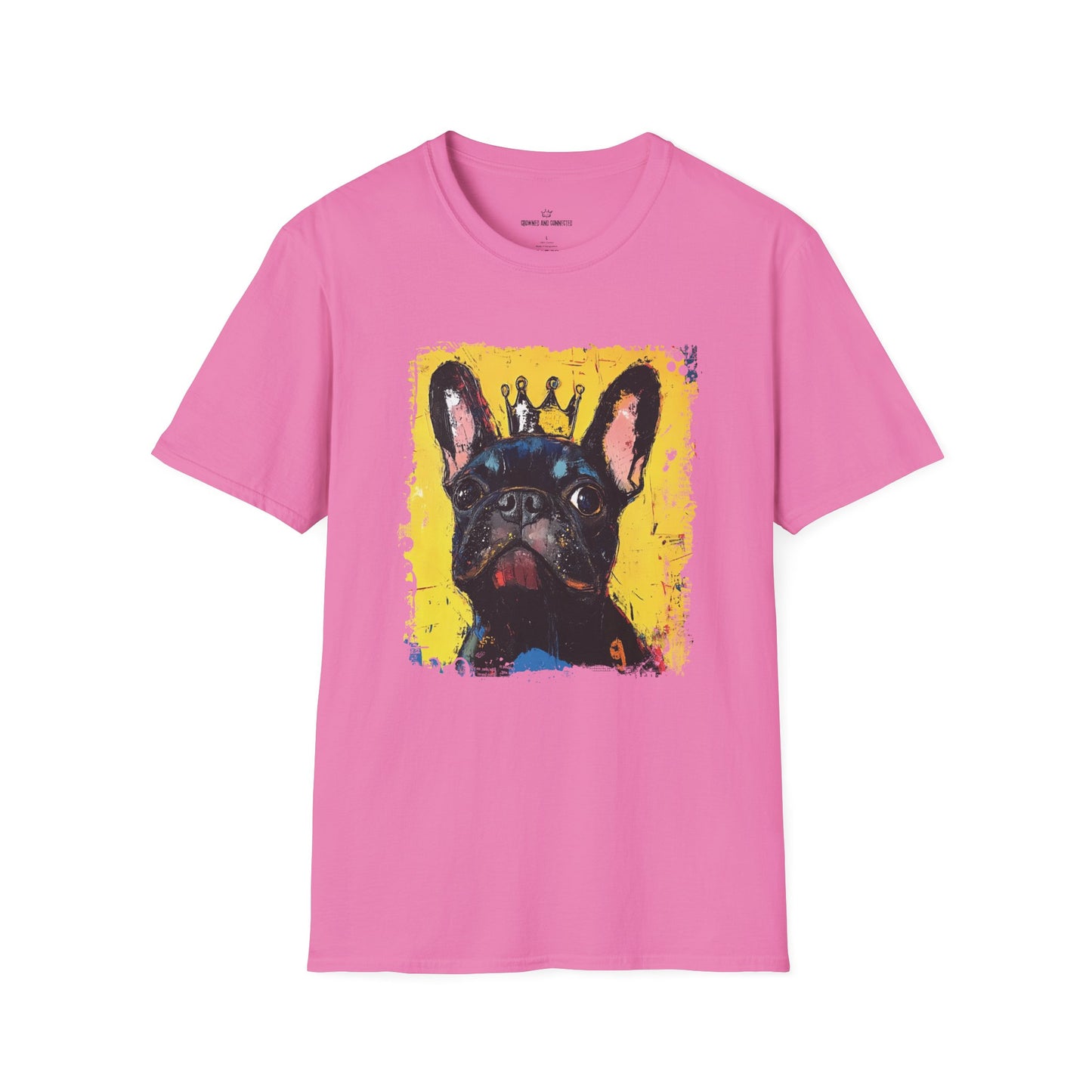 Pink t-shirt with a French Bulldog graphic on a white background