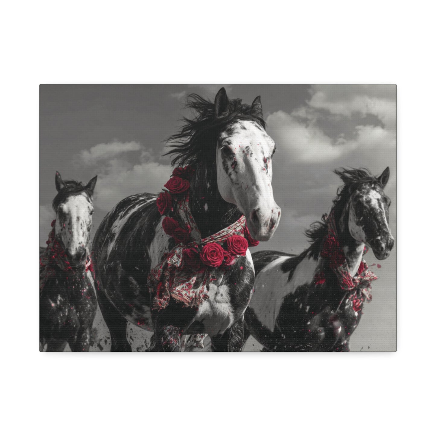 Crimson Stampede-Boho Running Horse Wall Art Print, Floral Horse Trio Canvas, Black and White Western Horse Decor