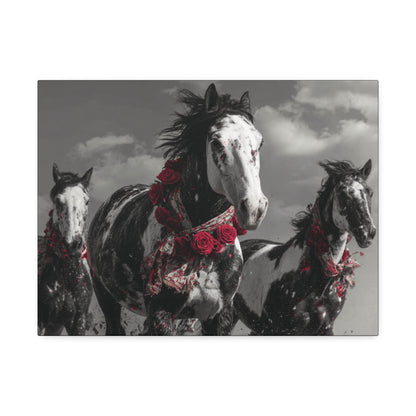 Crimson Stampede-Boho Running Horse Wall Art Print, Floral Horse Trio Canvas, Black and White Western Horse Decor