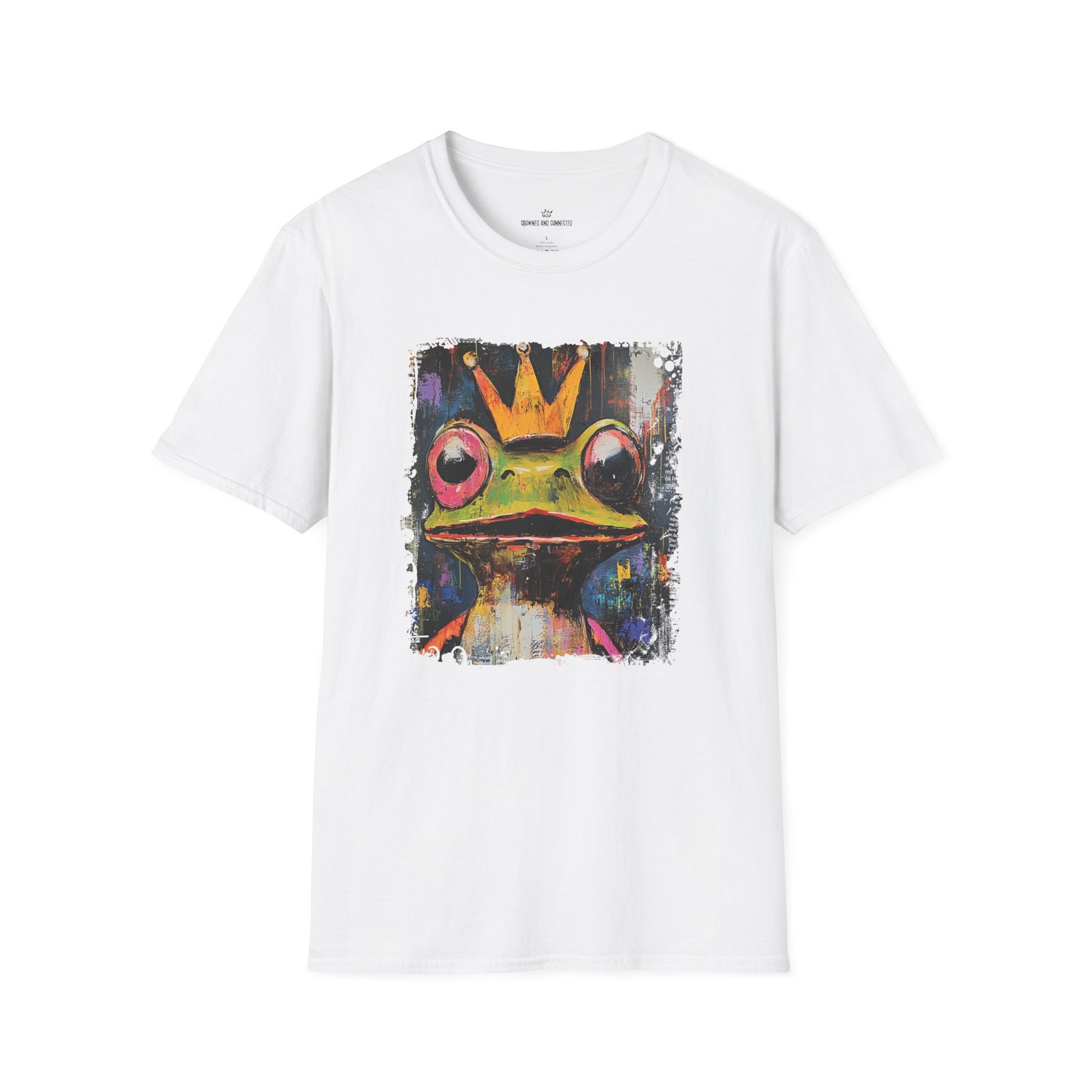 White t-shirt with a colorful frog graphic on a white background
