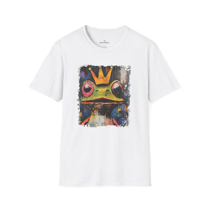 White t-shirt with a colorful frog graphic on a white background
