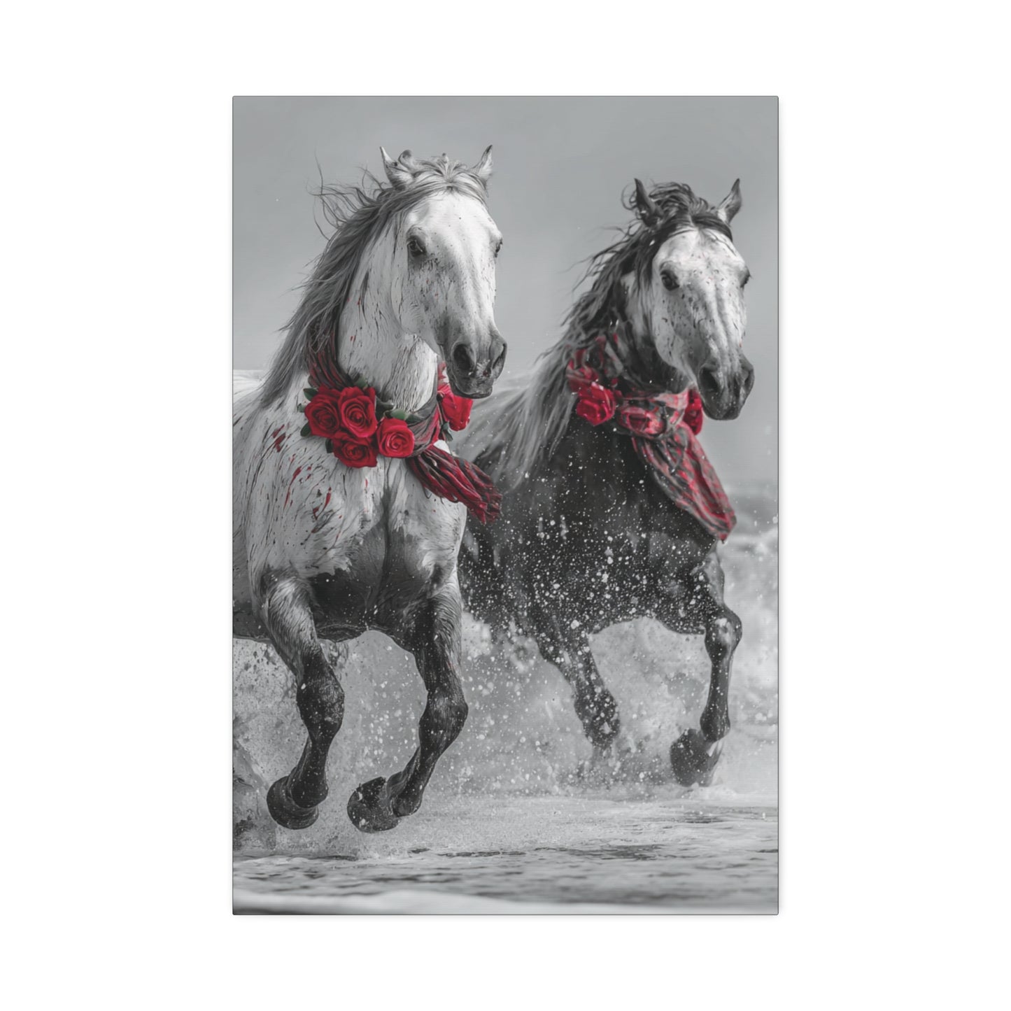 Crimson Tide Run-Running Horse Wall Art Print, Horse Pair Canvas, Floral Beach Horse Decor, Black and White Western Artwork