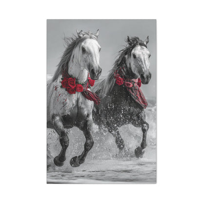 Crimson Tide Run-Running Horse Wall Art Print, Horse Pair Canvas, Floral Beach Horse Decor, Black and White Western Artwork