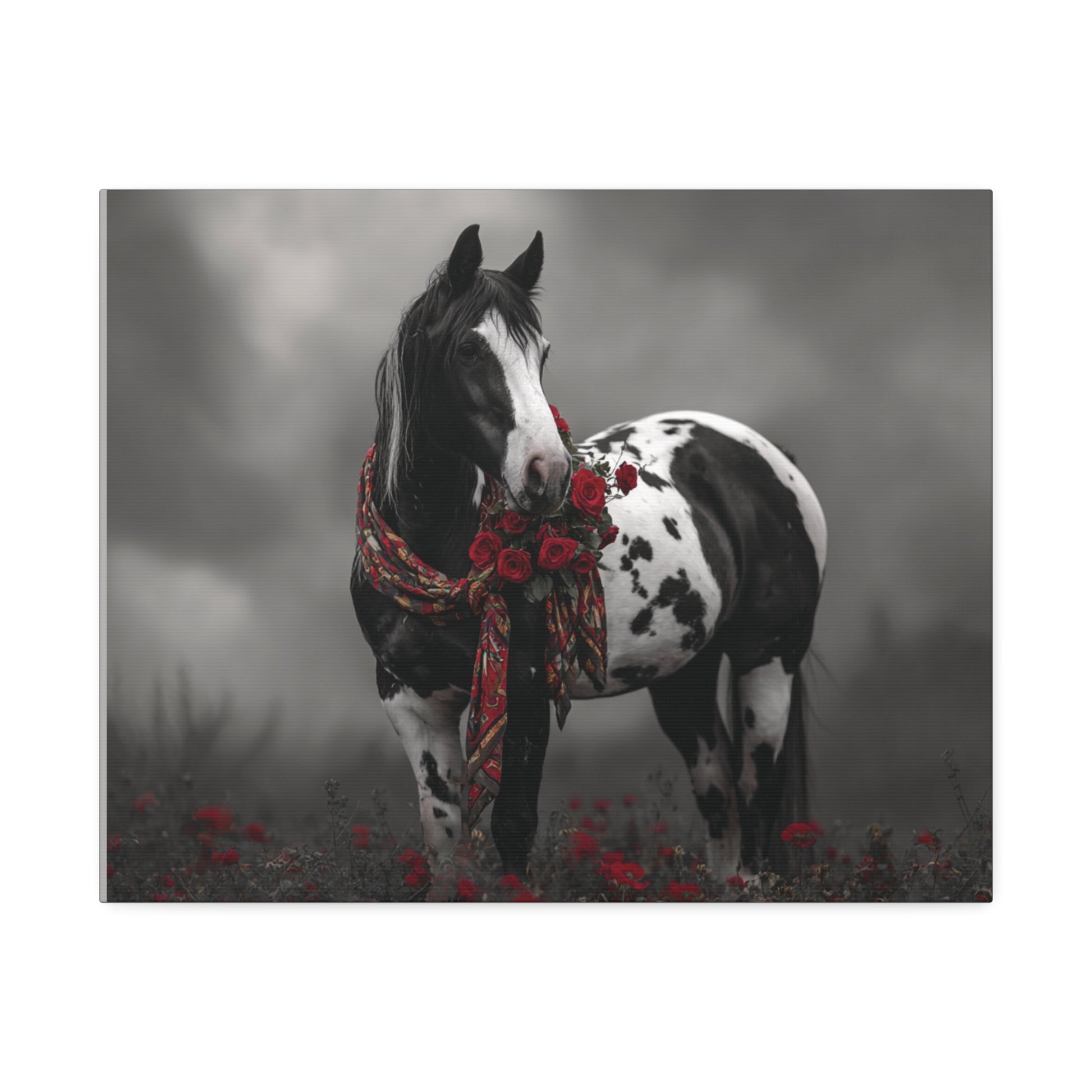 Horse with a floral wreath on a misty background
