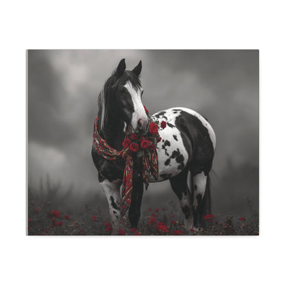 Horse with a floral wreath on a misty background