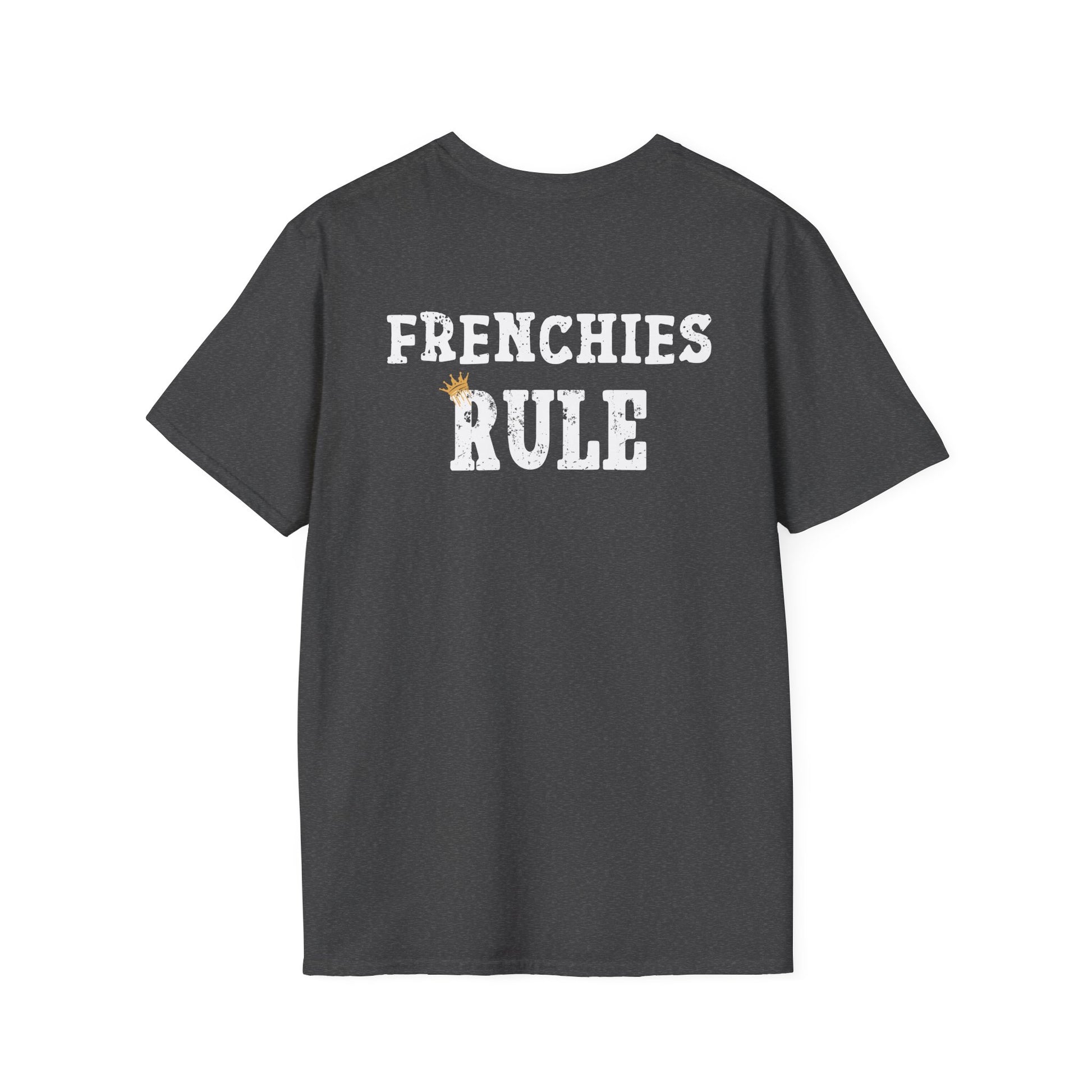 Black t-shirt with 'FRENCHIES RULE' text on a white background
