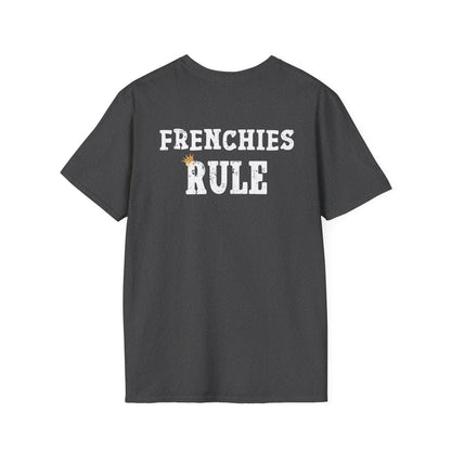 Black t-shirt with 'FRENCHIES RULE' text on a white background