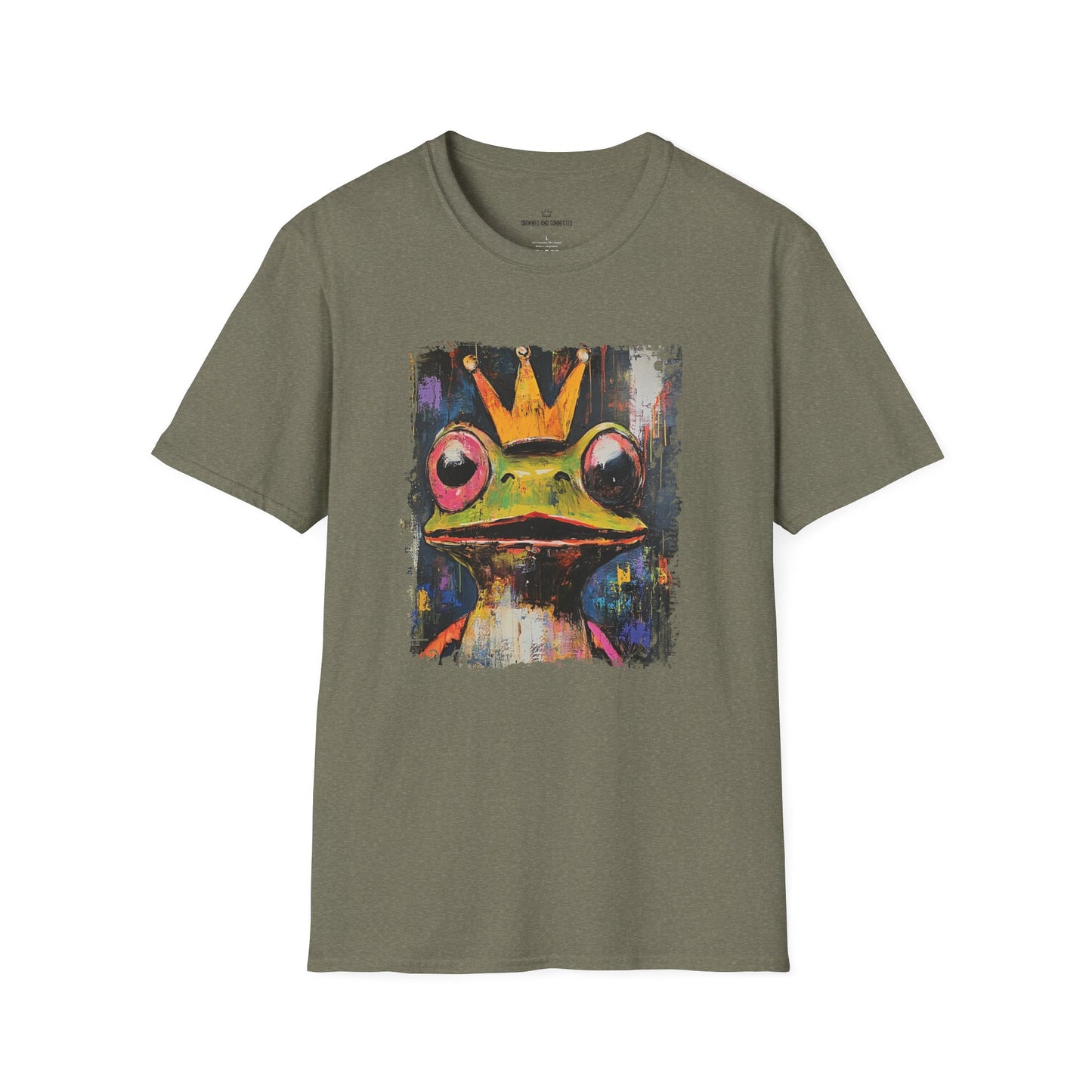 Olive green t-shirt with a colorful frog graphic on a white background