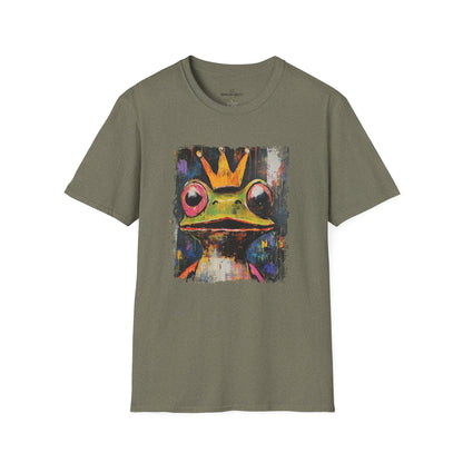 Olive green t-shirt with a colorful frog graphic on a white background