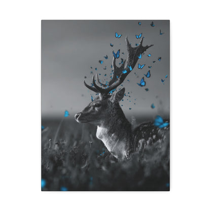 Crown of Wings | Black and White Deer Canvas Art with Blue Butterflies – Rustic Wildlife Wall Decor