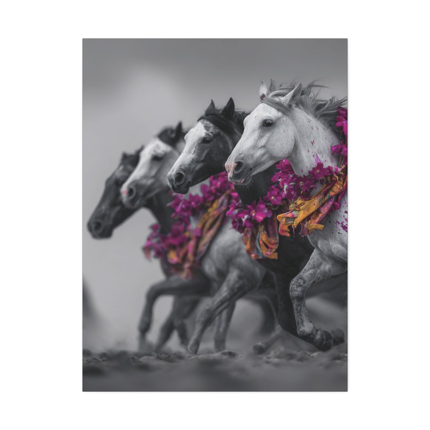 Fuchsia Fury-Running Horse Wall Art Print, Boho Floral Horse Herd Canvas, Pink Wild Horse Decor, Western Artwork