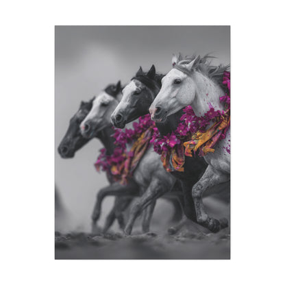 Fuchsia Fury-Running Horse Wall Art Print, Boho Floral Horse Herd Canvas, Pink Wild Horse Decor, Western Artwork