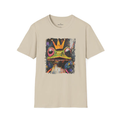 Beige t-shirt with a colorful frog graphic on a white background