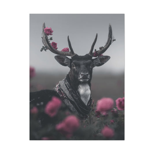 Rose Crown Stag-Boho Deer Wall Art Print, Rose Crown Stag Canvas, Floral Antler Wildlife Decor, Rustic Woodland Art