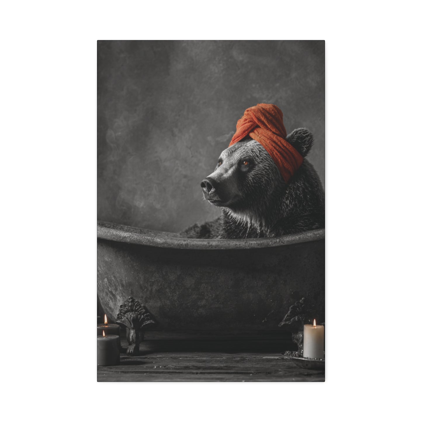 Bearly Relaxed – Spa Bear Wall Art in Rustic Tub with Orange Towel and Candles