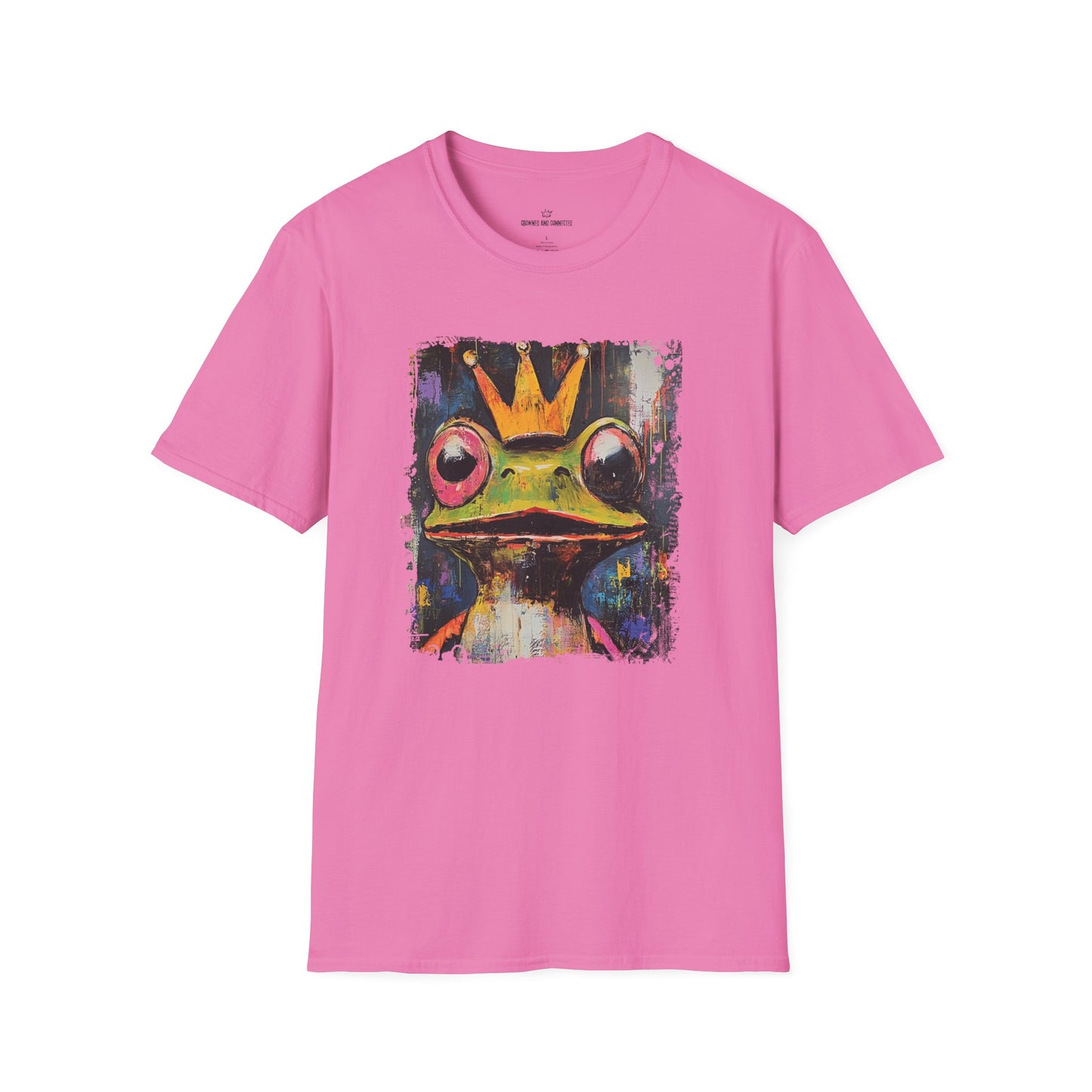 Pink t-shirt with a colorful frog graphic wearing a crown on a white background