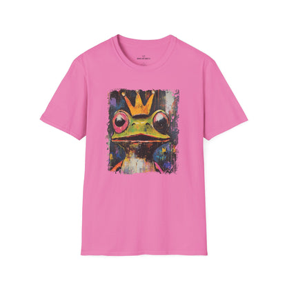 Pink t-shirt with a colorful frog graphic wearing a crown on a white background