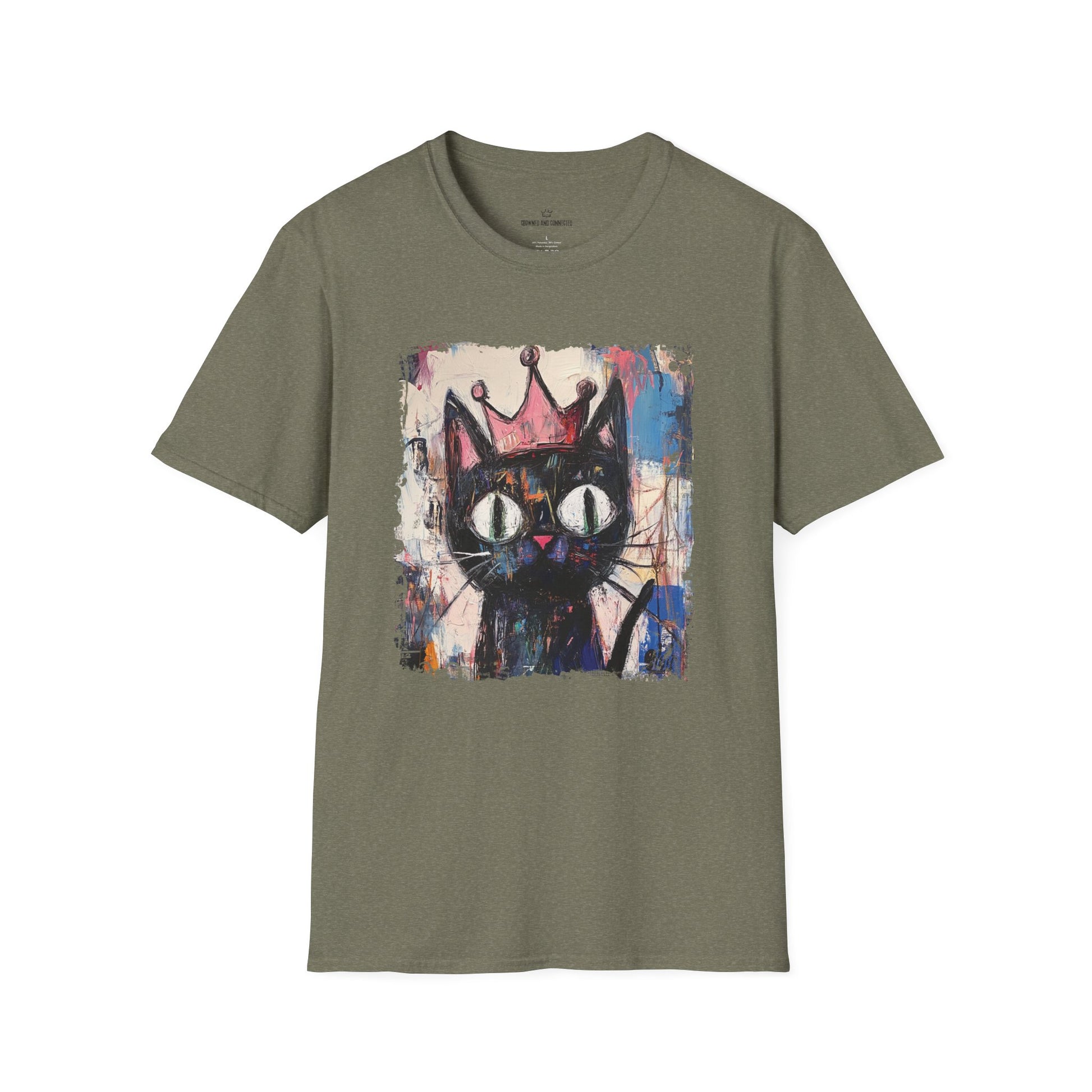 Olive green t-shirt with a black cat wearing a crown graphic on a white background
