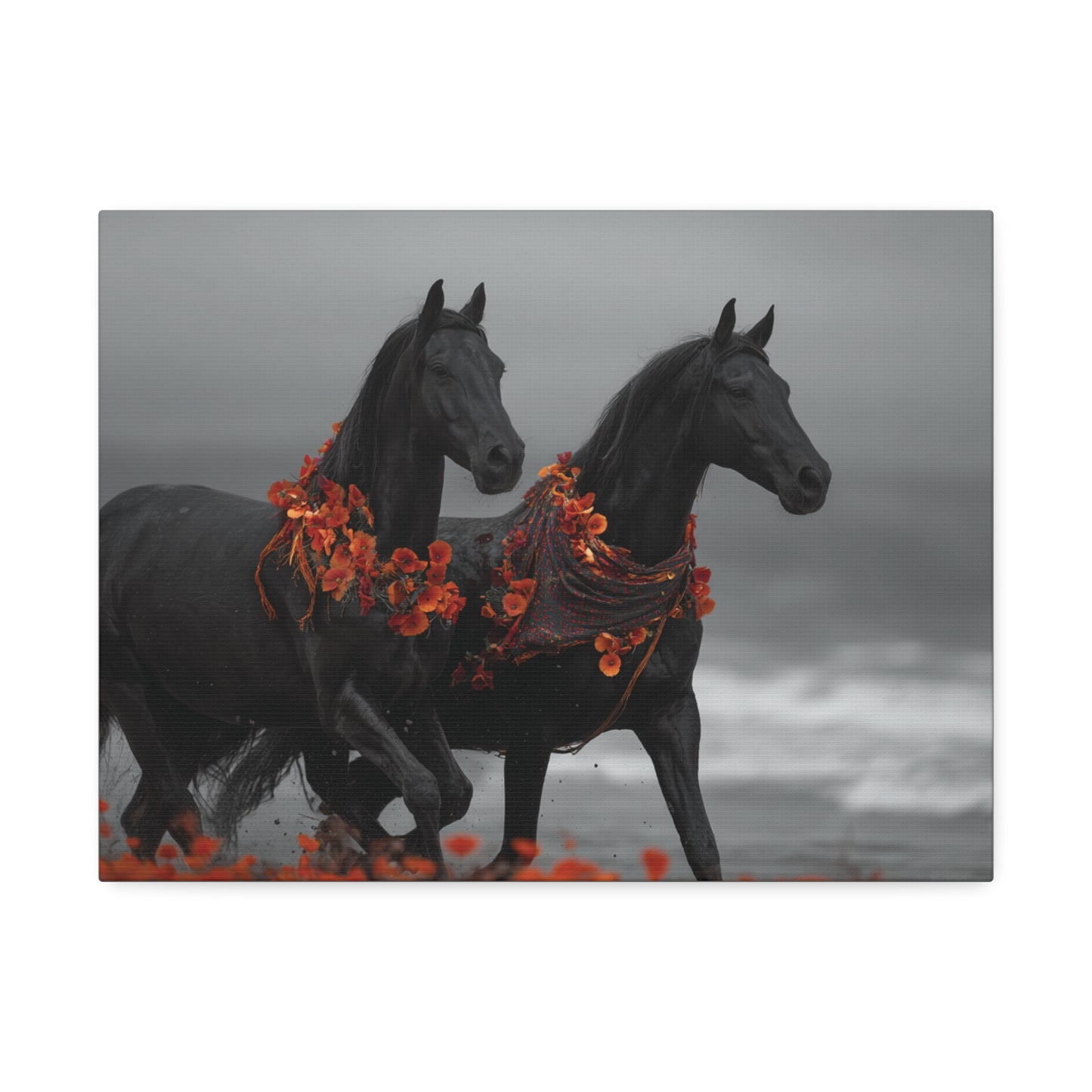 Autumn Noir-Black Horse Wall Art Print, Running Horse Pair Canvas, Floral Boho Horse Decor, Western Animal Artwork
