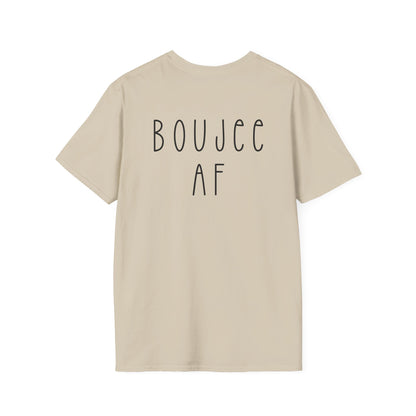 Beige t-shirt with 'BOUJEE AF' text on the back against a white background