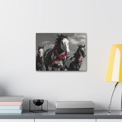 Crimson Stampede-Boho Running Horse Wall Art Print, Floral Horse Trio Canvas, Black and White Western Horse Decor