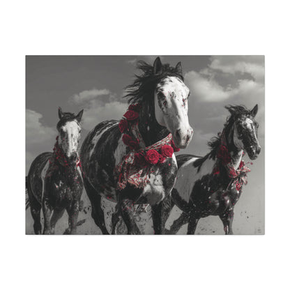 Crimson Stampede-Boho Running Horse Wall Art Print, Floral Horse Trio Canvas, Black and White Western Horse Decor